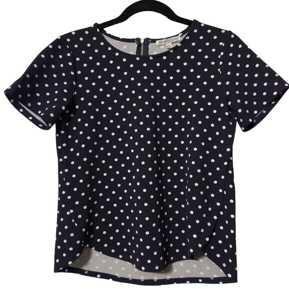 GREEN ENVELOPE Blue Polka Dot Short Sleeve Top With Back Zipper Size S - Picture 1 of 5